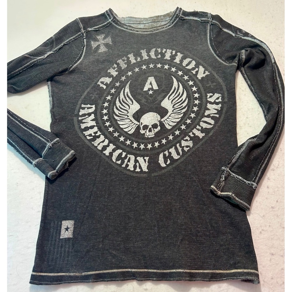 Affliction American Customs Reversible Thermal Shirt Mens Small Skull Black